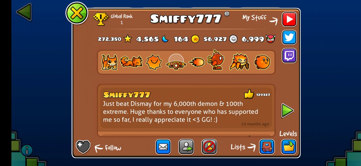LeifY19's tweet photo. In my days in the top 100 (300 Demons was godlike) Look at this dud right here Who is about to drop 7000 demons :^) geez this game has evolved https://t.co/AZMNzKLUkb