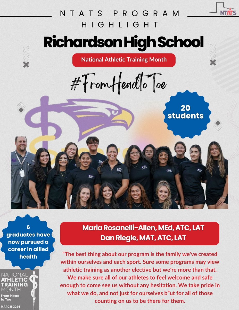 North Texas Athletic Trainers’ Society (@ntats) on Twitter photo For Day 28 of NATM we would like to highlight the Richardson Eagles Sports Medicine Program! Not only does this program provide a space for students to be involved and feel welcome, but they take a lot of pride for being there whole heartedly for their teams! <a href="/SportsMedEagles/">RHS Sports Medicine</a> For Day 28 of NATM we would like to highlight the Richardson Eagles Sports Medicine Program! Not only does this program provide a space for students to be involved and feel welcome, but they take a lot of pride for being there whole heartedly for their teams! <a href="/SportsMedEagles/">RHS Sports Medicine</a>