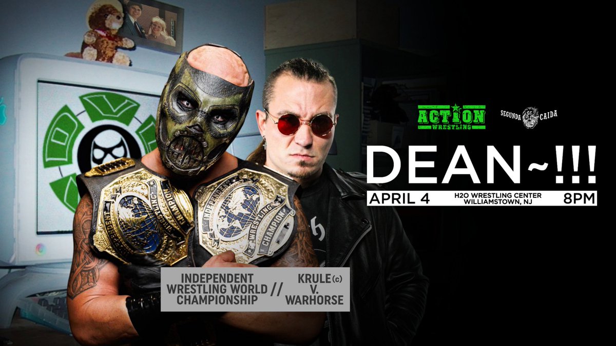 After speaking with the IWTV office it's confirmed, KRULE defends the Independent World Championship at DEAN~!!! at @H2OWRESTLING Apr 4th at 8pm vs WARHORSE Brought to you by @D_V_D_V_R @IVPvideos @DnAsEvolution @segundacaida @philaschneider 🎟 ACTIONDean.com