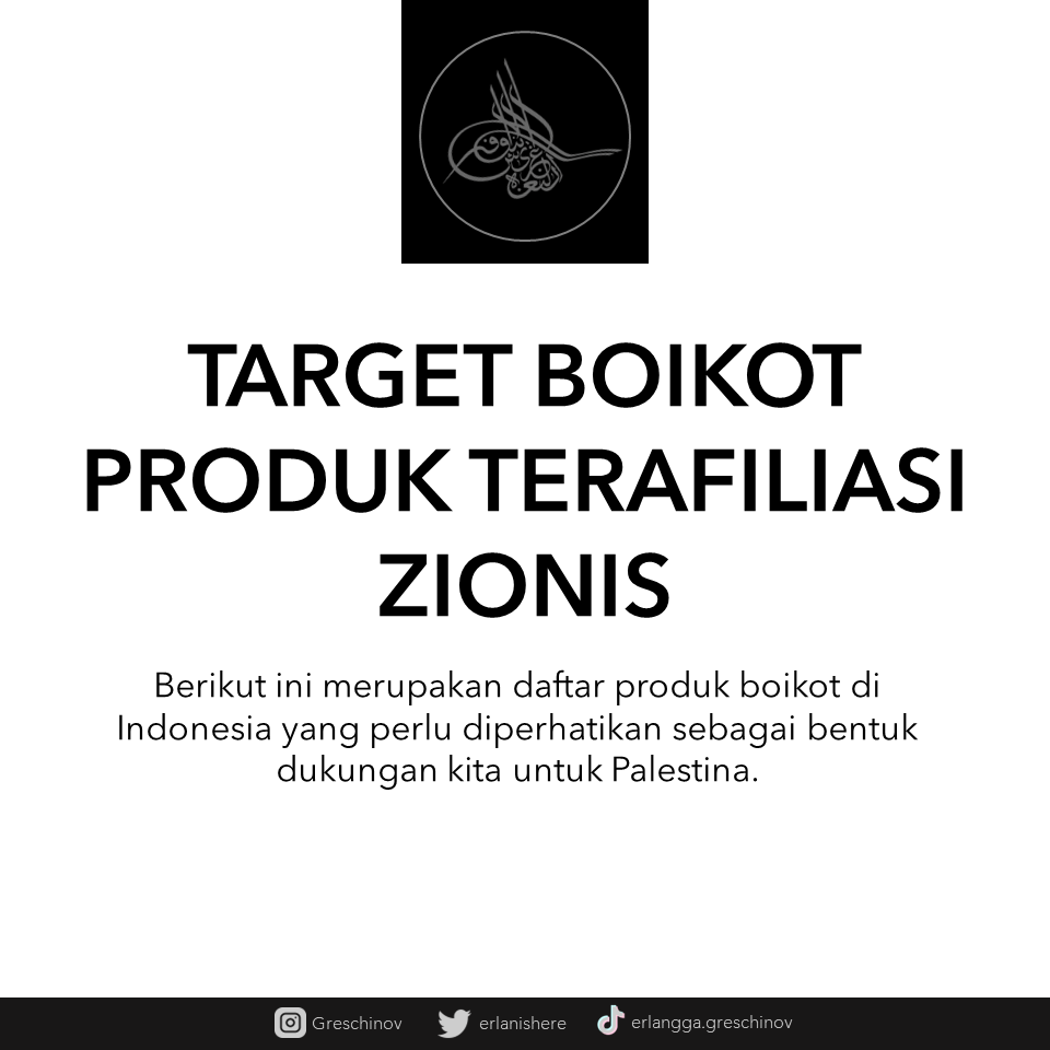 🔊List Target Boikot Brand Terafiliasi Zionis/Israel
Berikut ini merupakan daftar produk boikot di Indonesia yang perlu diperhatikan sebagai bentuk dukungan kita untuk Palestina.
Catat nama-namanya!
(A thread)