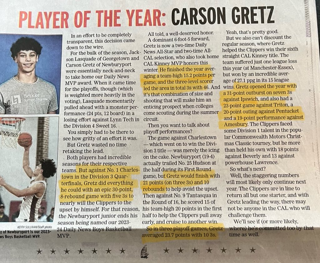 Junior Year accolades:

CAL 1st team
CAL Player of the Year
Daily News Player of the Year
Team MVP

Named captain for next year

<a href="/KGaud123/">Kyle Gaudette</a> 
<a href="/BostonHeraldHS/">Danny Ventura</a> 
<a href="/FennisDembo87/">Fennis Dembo's Truth</a> 
<a href="/Port_Athletics/">NEWBURYPORT ATHLETICS</a>