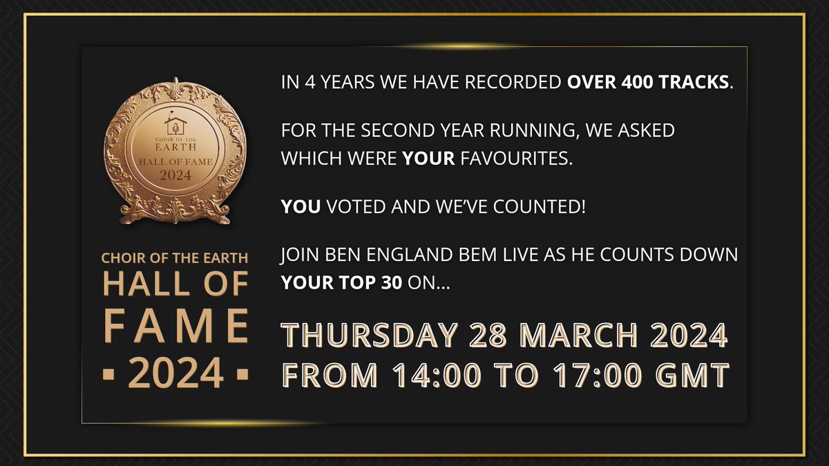The wait is nearly over! In just 14 hours' time @mrbenengland will go live with our exciting 2024 Choir of the Earth Hall of Fame livestream, counting down the Top 30 most popular tracks recorded by Choir of the Earth, as voted for by YOU! Don't miss it! youtu.be/YowVfkL9Ock