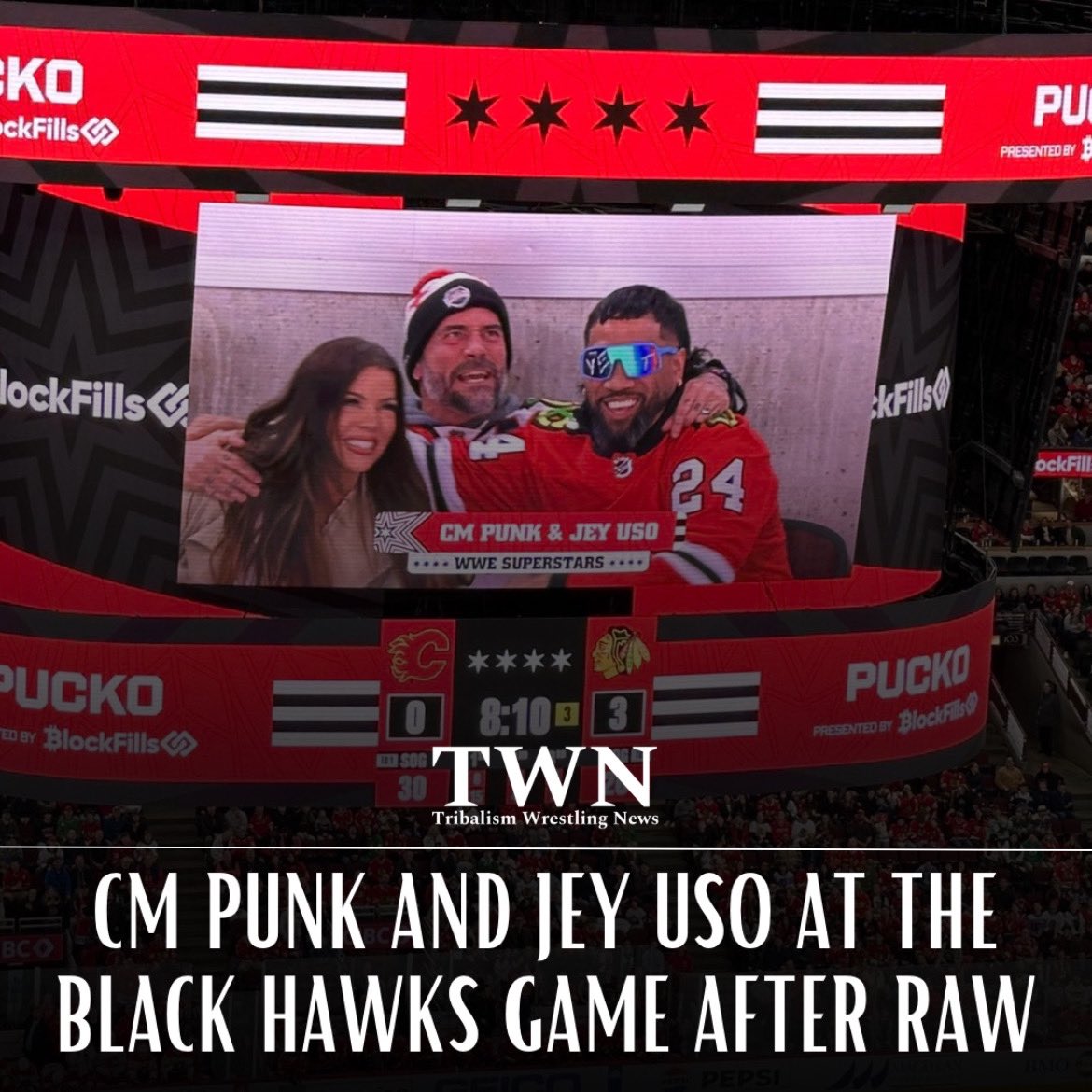 #CMPunk, #JeyUso and #JackieRedmond at the United Center at the #Blackhawks game after WWE: Monday Night Raw