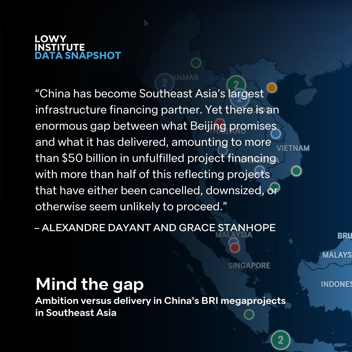 The @LowyInstitute’s @AlexandreDayant & @GraceStanhope have mapped China’s infrastructure funding promises to Southeast Asian countries vs what has actually been built. They have revealed a sizeable gap between what Beijing promises and what it delivers. interactives.lowyinstitute.org/features/mind-…