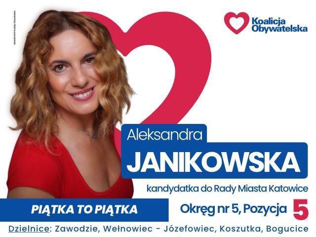 Witaj Twitterownio 🙋‍♂️ Kończy się kampania więc przypominam mieszkańcom okręgu wyborczego nr 5 w Katowicach, że na liście nr 5 z pozycją nr 5 kandydatka do Rady Miasta jest Aleksandra Janikowska 🫶✔️ #wyborysamorzadowe2024 #Katowice #BiegnijOlaBiegnij