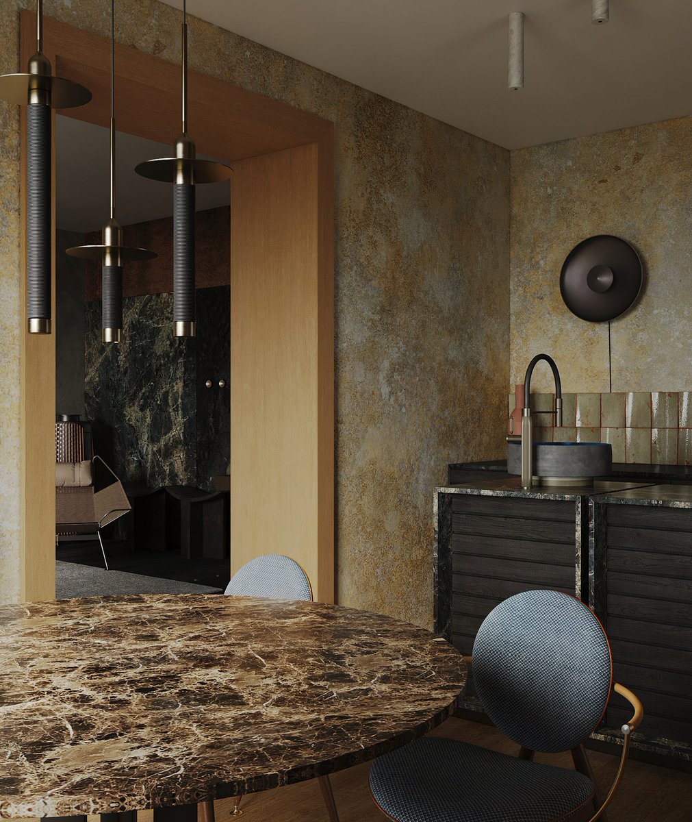 dezeen's tweet image. Puntofilipino brings noble materials to apartment in former bank office: dezeen.com/2023/08/25/pun…