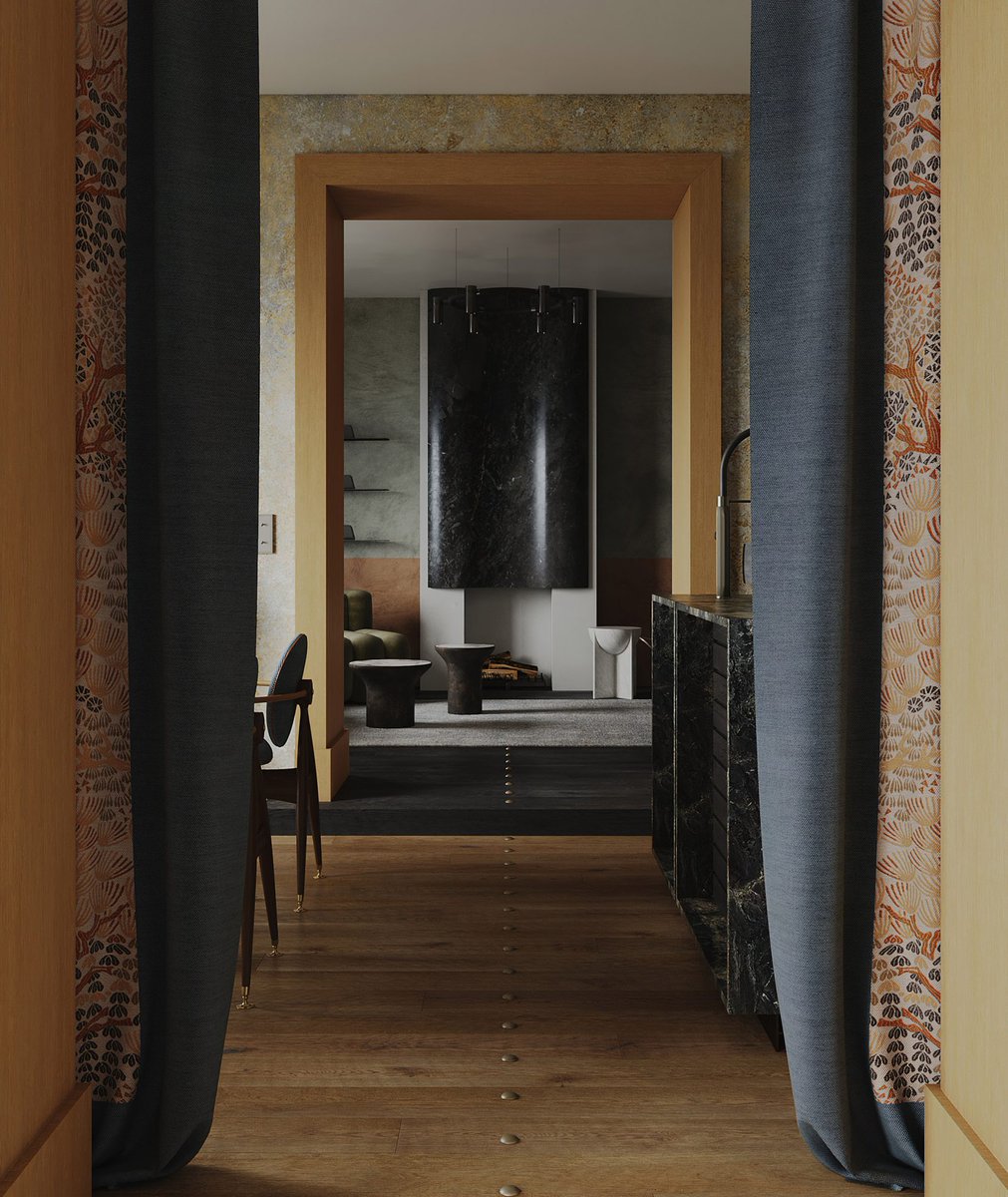 dezeen's tweet image. Puntofilipino brings noble materials to apartment in former bank office: dezeen.com/2023/08/25/pun…