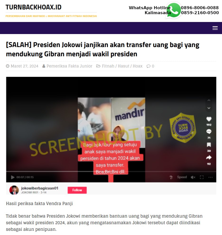 TurnBackHoax's tweet photo. ❌ Presiden Jokowi janjikan akan transfer uang bagi yang mendukung Gibran menjadi wakil presiden 
 
✅ Akun yang mengatasnamakan Jokowi tersebut dapat diindikasi sebagai akun penipuan.  

🔗 Selengkapnya di https://t.co/fKIUztnsKl #LawanHoax #MAFINDO #TurnBackHoax https://t.co/9pRVsyMjGb