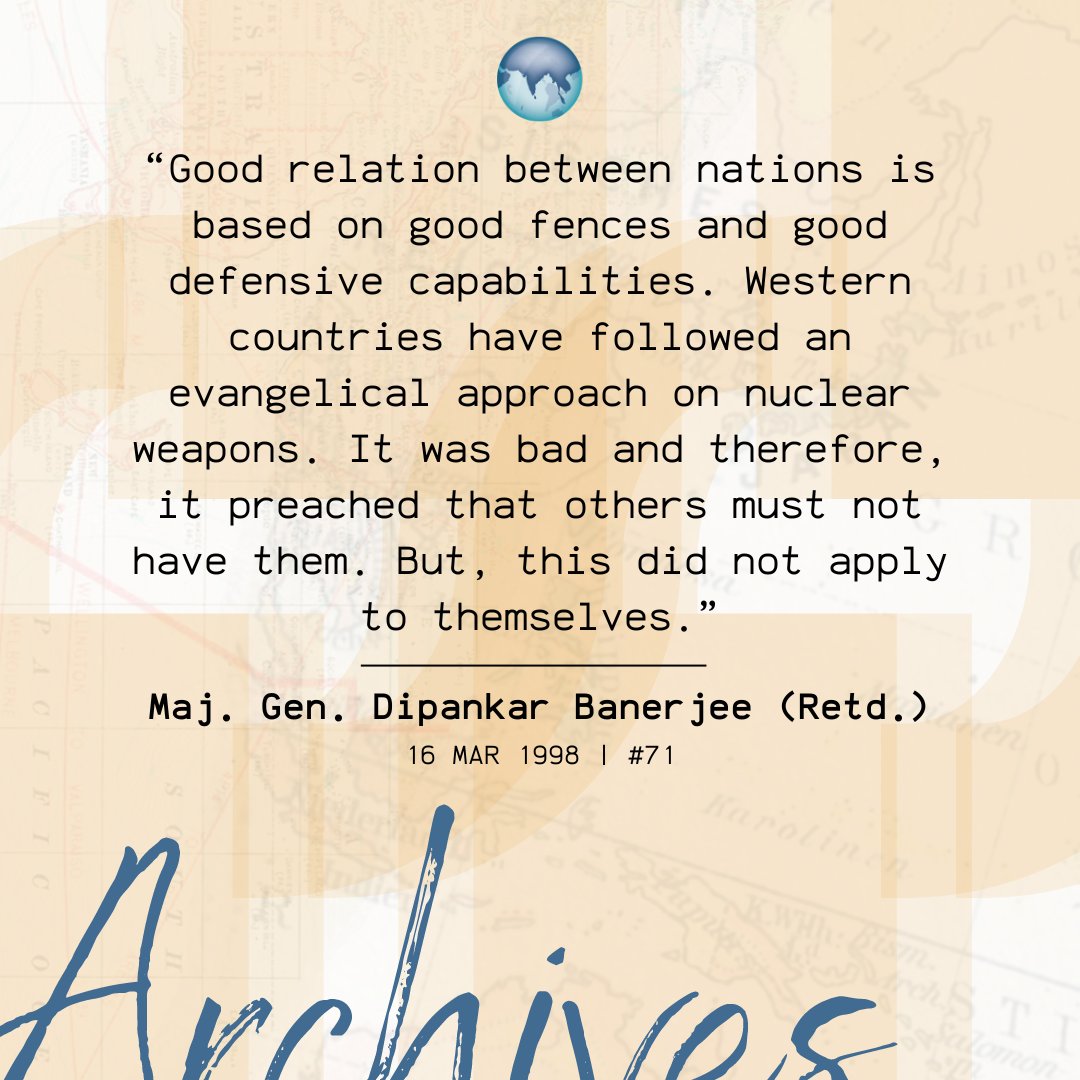 #IPCSArchives | In 1998, Maj. Gen. Dipankar Banerjee (Retd.) reported on a briefing by #JaswantSingh on his party's perception of #security matters. Read to learn more: ipcs.org/comm_select.ph…