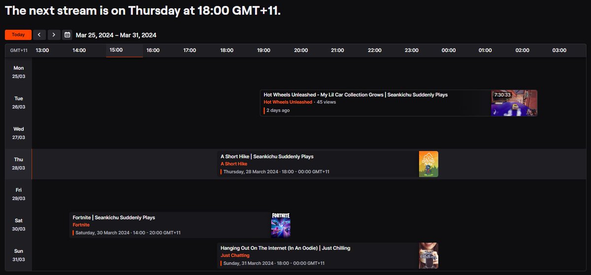 This week's Twitch stream schedule >>>
@ twitch.tv/seankichu 

#AShortHike #Fortnite #HotWheelsUnleashed
