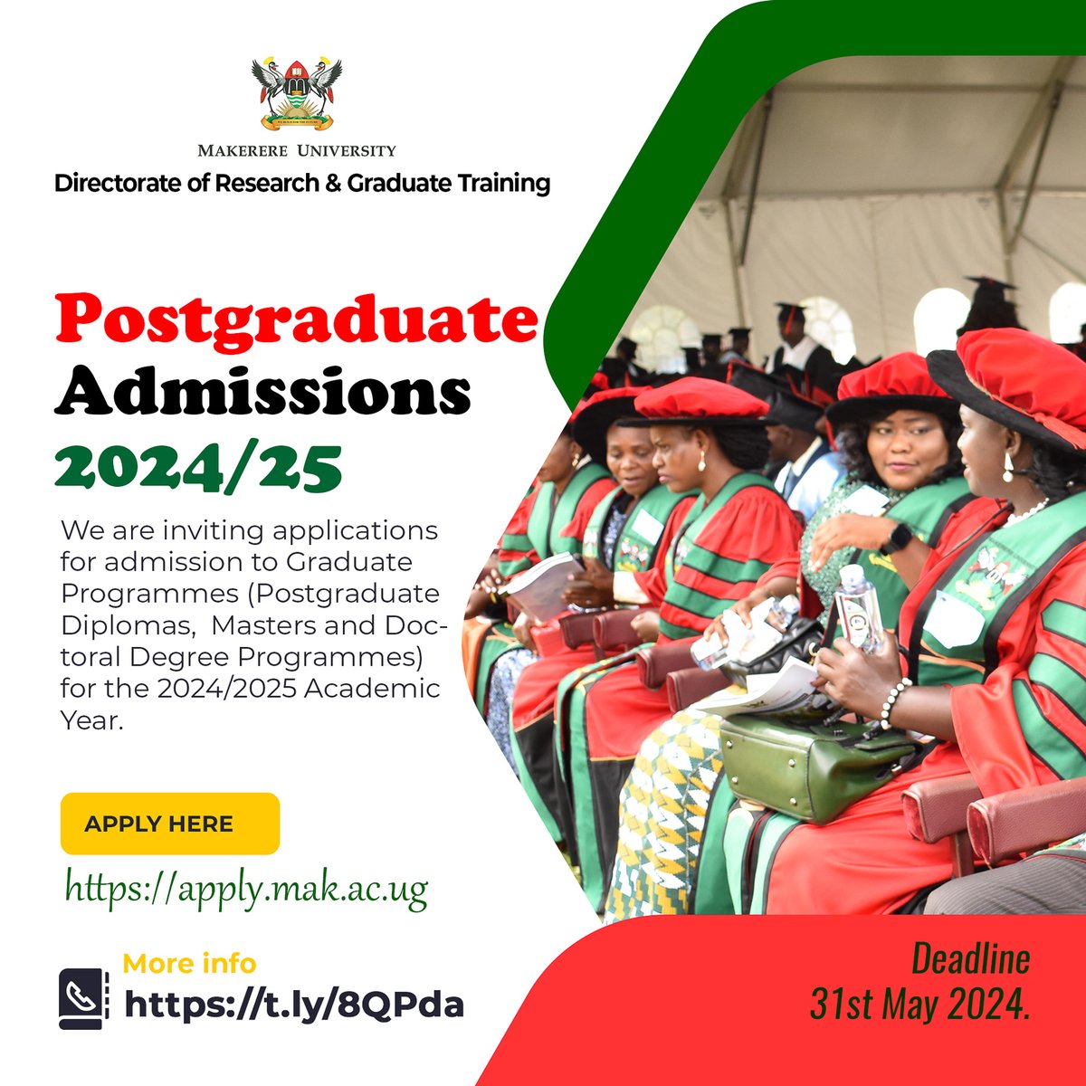 Calling applications for admission to @Makerere postgraduate programmes for 2024/2025 Academic Year. Deadline: Friday May 31, 2024. Details: t.ly/8QPda