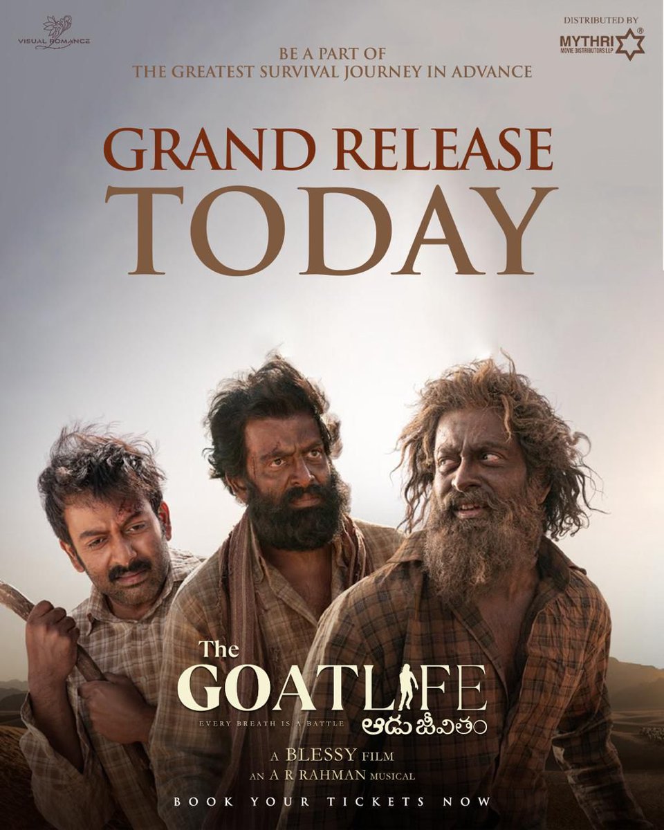 #TheGoatLife in cinema from today ✨

Book your tickets now 💥💥

#TheGoatLifeOn28thMarch 
#AaduJeevitham