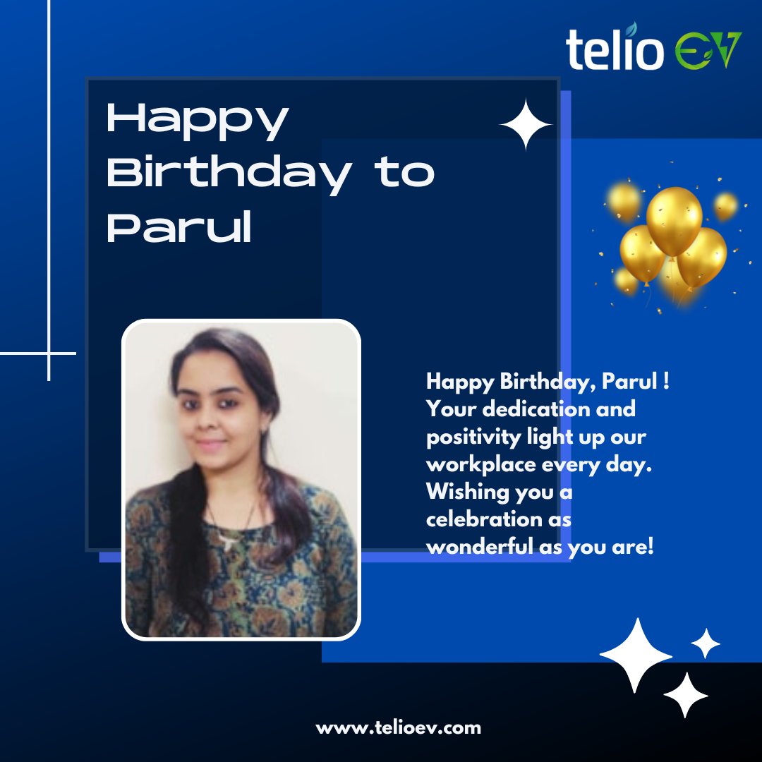 telioev2022's tweet photo. Happy Birthday to Parul! Wishing you a successful and fulfilling year ahead. May your day be filled with joy and celebration.
Visit: https://t.co/dDWk3fNVai
Like, Comment & follow TelioEV
#happybirthday #telioev #employeebirthday #celebration #ev #birthdaywishes #celebration https://t.co/3tsgjhoGEW