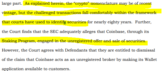 Gunaydin, SEC vs Coinbase davasinda mahkeme SEC'nin BTC haric alay menkul kiymet gorusune yakin bir goruste. Stake konusundaki gorus de SEC'ye yakin. Ama bu karar degil.