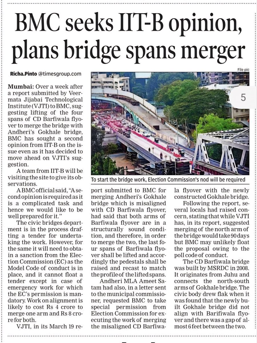 BMC seeks IIT-B opinion Plans bridge spans merger 📰 @richapintoi 2nd opinion sought after VJTI report BMC would like to be 'Well prepared' for it No news on 2nd Gokhale bridge girder span as of now @BesuraTaansane @RatanSharda55 @sameeratweeter @ttunni @savitha_rao @sredits…