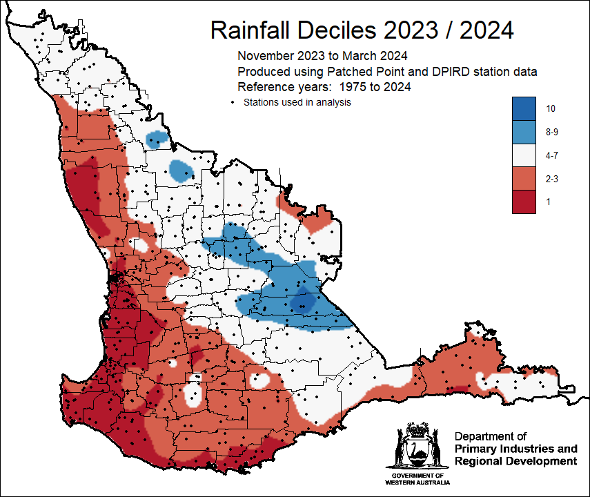 @DPIRDbroadacre November to March 2024 rainfall amount and decile maps (doing this now as doubt it will rain in the next 4 days!). Hyden 234 mm (decile 10), Cape Naturaliste 2 mm (decile 1). Positive Indian Ocean dipole which decayed in January had an impact. #climate