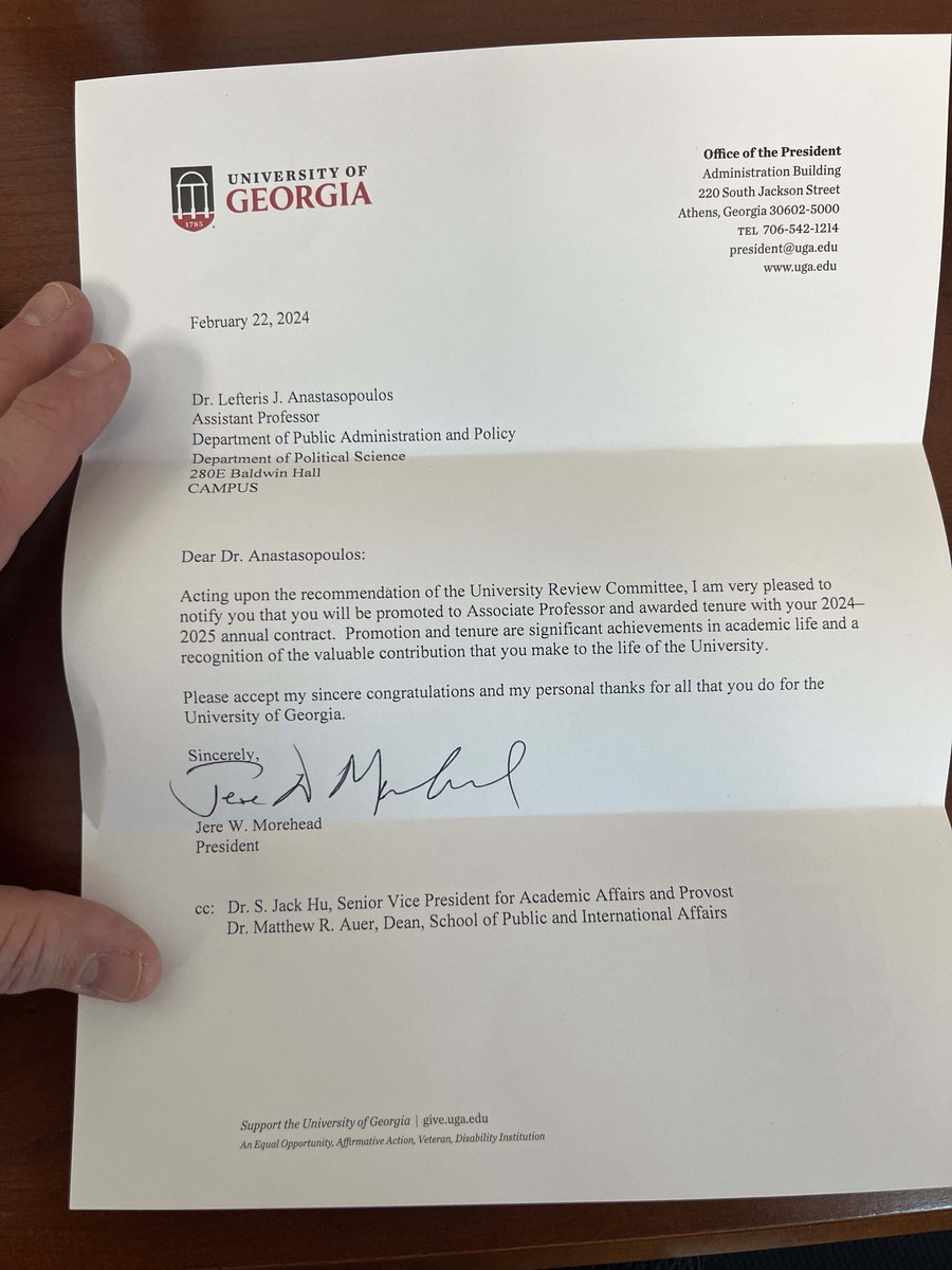 Tenured and Associate-ed. Thrilled to be of the @universityofga @UGA_PA_Policy @UGA_SPIA community and excited about the work that I have ahead of me.
