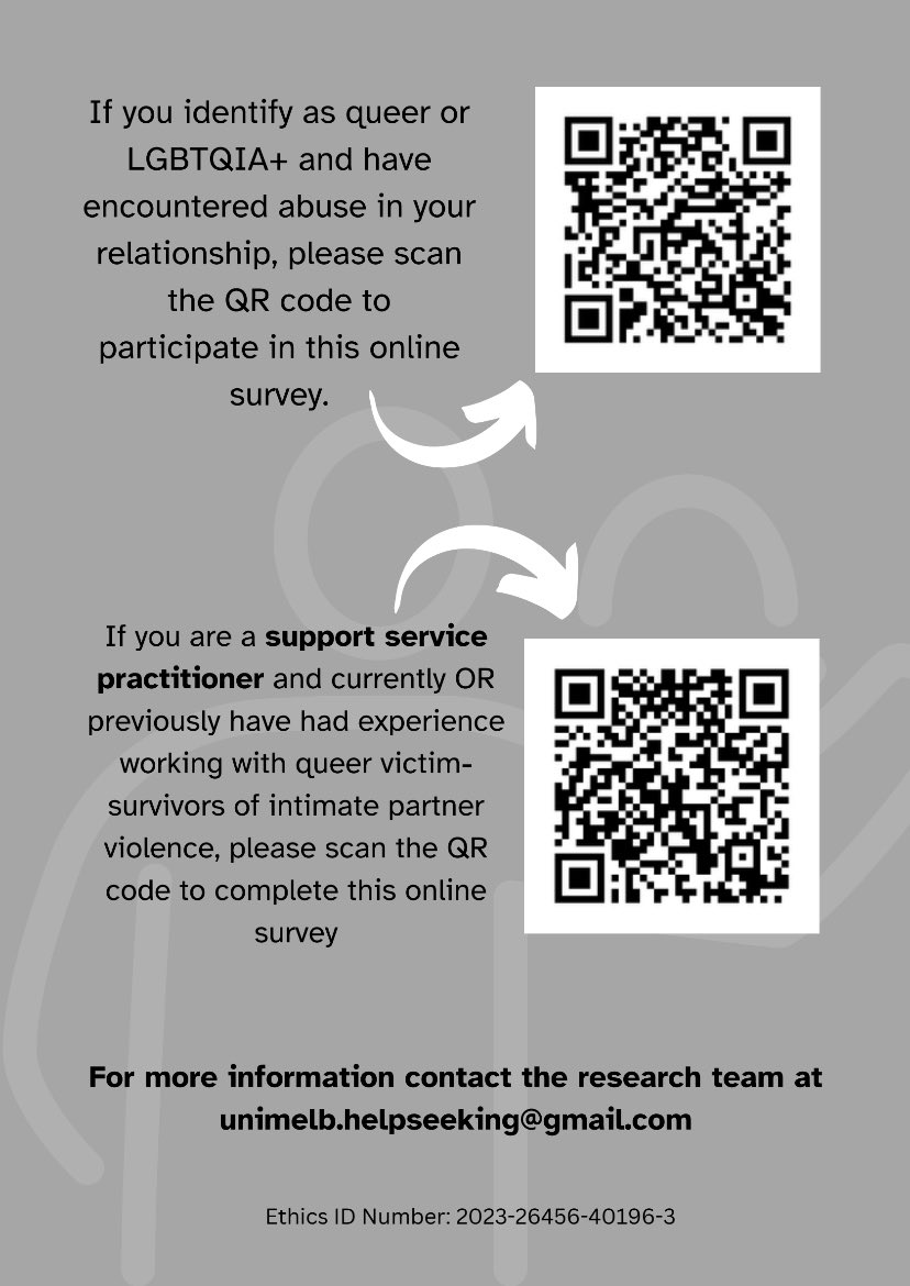 Participants Needed! 

If you have 15-20 minutes spare today please consider completing our surveys. Your responses will help inform how we understand the help-seeking needs of queer victims-survivors of intimate partner violence.

Scan the QR code or click the link below.