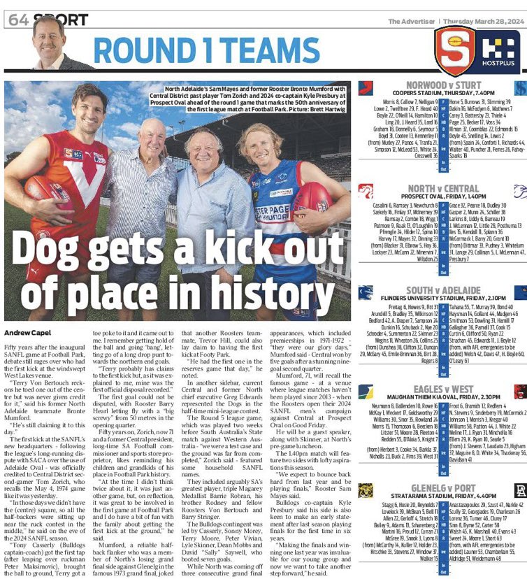 Big day at Prospect tomorrow as @NAFCRoosters and @Ceeentrals celebrate the 50th anniversary of an important game in @SANFL history. Plus all the Rd 1 teams. In today’s @theTiser