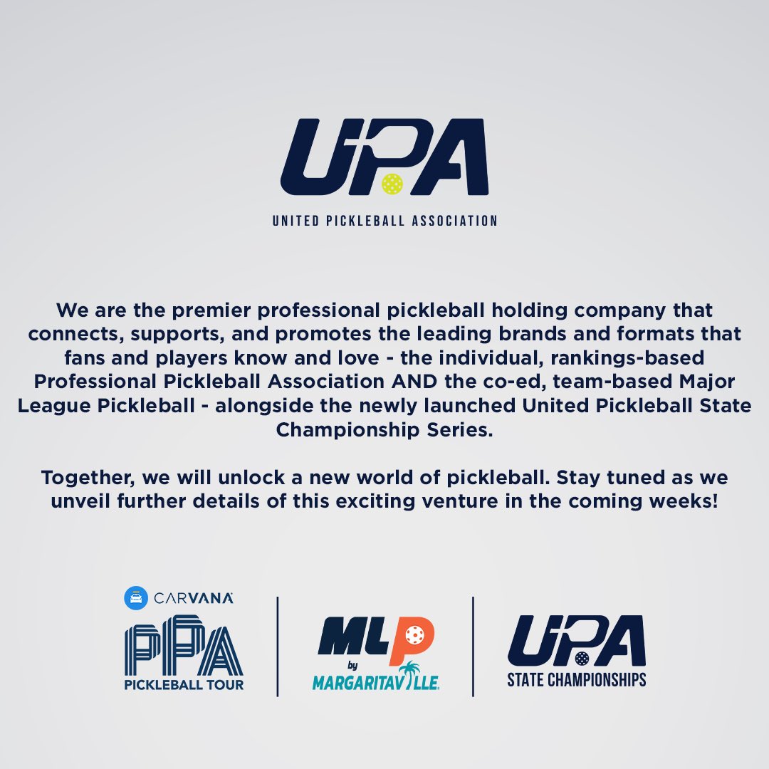 Connor Pardoe (@connorpardoe_pb) on Twitter photo We are thrilled to announce the formation of the United Pickleball Association. The gold standard in pickleball. The UPA holds both the <a href="/PPAtour/">Carvana PPA Tour</a> and <a href="/MajorLeaguePB/">Major League Pickleball</a>. I am honored to lead this new chapter of pickleball alongside the PPA team and our new MLP colleagues. We are thrilled to announce the formation of the United Pickleball Association. The gold standard in pickleball. The UPA holds both the <a href="/PPAtour/">Carvana PPA Tour</a> and <a href="/MajorLeaguePB/">Major League Pickleball</a>. I am honored to lead this new chapter of pickleball alongside the PPA team and our new MLP colleagues.