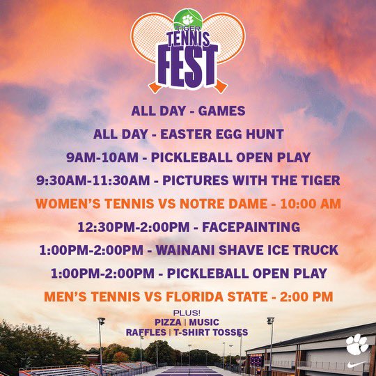 ClemsonMTennis's tweet photo. Saturdays lineup is nothing but FUN 😁

We can’t wait to see you all at our first ever Tiger Tennis Fest! 🐅 https://t.co/yv8TcWYcte