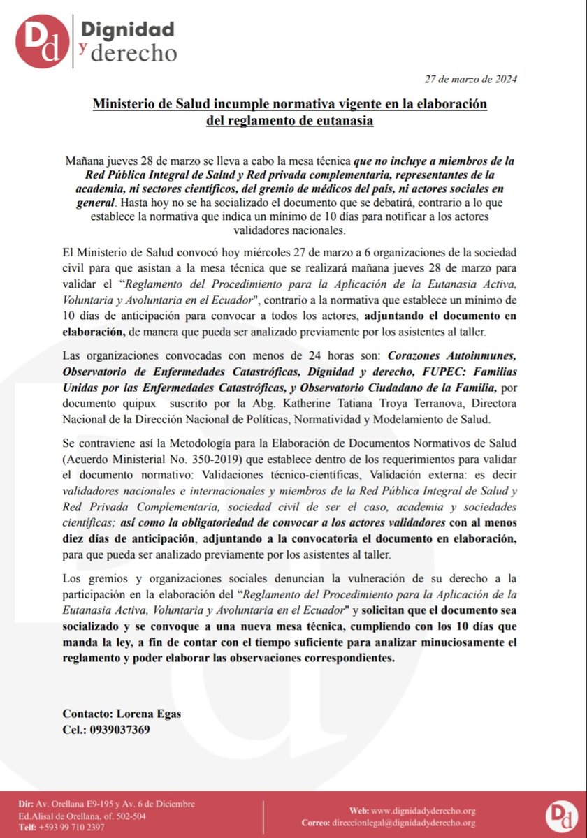 COMUNICADO |
 <a href="/Salud_Ec/">Ministerio de Salud Pública 🇪🇨</a> incumple normativa vigente en la elaboración del reglamento de  #eutanasia.
Mañana se llevará a cabo la mesa técnica que no incluye a gremios ni organizaciones sociales.

#DerechosHumanos #DerechoConstitucional #Derecho