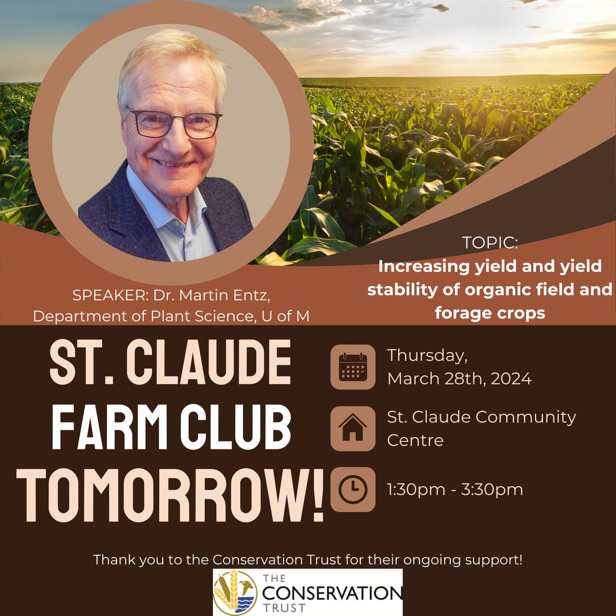 Final Reminder: MOA is hosting a farm club meeting tomorrow at St. Claude! ------ SPEAKER: Dr. Martin Entz TOPIC: Increasing yield & yield stability of organic field and forage crops. LOCATION: St. Claude Community Centre DATE: Mar. 28 TIME: 1:30pm ------ #manitobaagriculture