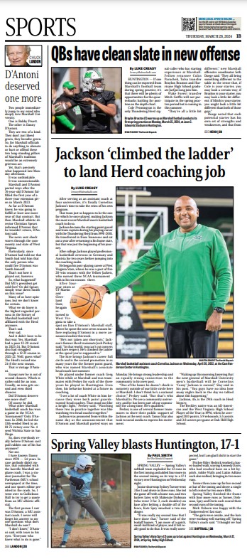 Zack Klemme (@zklemmehd) on Twitter photo Thursday <a href="/heralddispatch/">The Herald-Dispatch</a> sports front
Local work: <a href="/LukeCreasy/">Luke Creasy</a> x2, <a href="/Chuckonsports/">Chuck Landon</a>, <a href="/CoachPaulRSmith/">Paul Smith</a>, <a href="/fischer_photo/">Ryan Fischer</a> x2, <a href="/SholtenPhoto/">Sholten Singer</a>
Inside: <a href="/sportsturtle11/">Tim Stephens</a>, <a href="/Tay_0525/">Taylor Mcknight</a>, <a href="/kennykempWV/">Kenny Kemp</a>
Design: @xboxmrstitch627 Thursday <a href="/heralddispatch/">The Herald-Dispatch</a> sports front
Local work: <a href="/LukeCreasy/">Luke Creasy</a> x2, <a href="/Chuckonsports/">Chuck Landon</a>, <a href="/CoachPaulRSmith/">Paul Smith</a>, <a href="/fischer_photo/">Ryan Fischer</a> x2, <a href="/SholtenPhoto/">Sholten Singer</a>
Inside: <a href="/sportsturtle11/">Tim Stephens</a>, <a href="/Tay_0525/">Taylor Mcknight</a>, <a href="/kennykempWV/">Kenny Kemp</a>
Design: @xboxmrstitch627