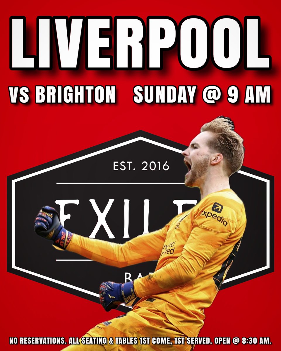 LIVERPOOL vs Brighton - SUNDAY @ 9 AM!

NO RESERVATIONS - all seating is 1st come, 1st served. YNWA!
.
.
.
#exilesbar #exilesbardc #dcbars #ustreet #ustreetdc #bestbar