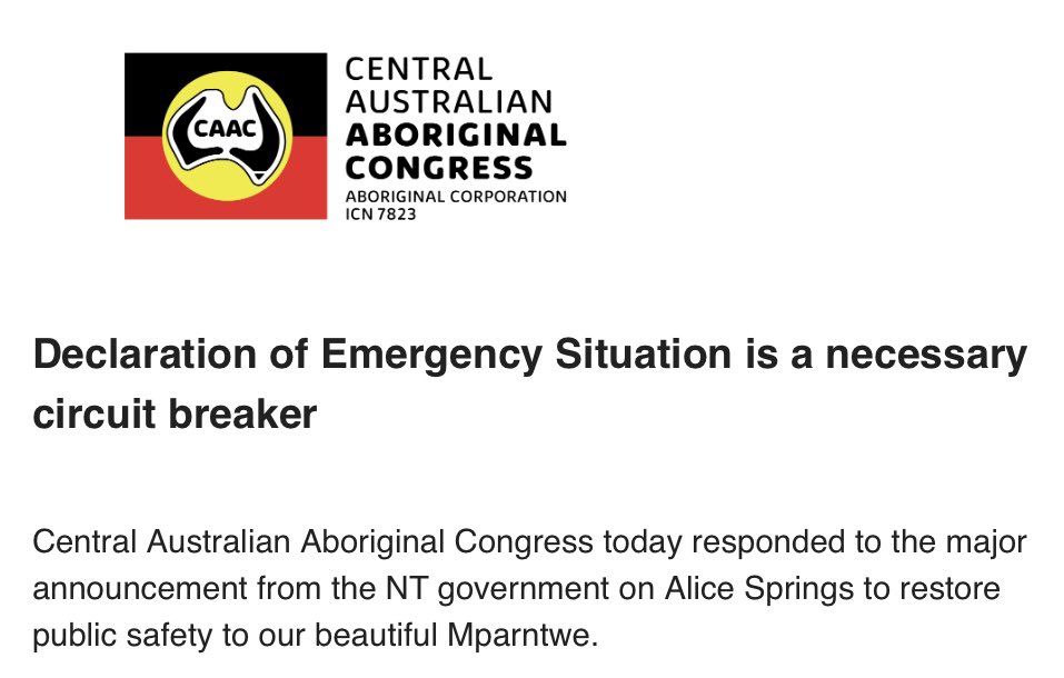 Central Australian Aboriginal Congress @CAACongress today responded to the major announcement from the NT government on Alice Springs to restore public safety to our beautiful Mparntwe. Click on our FB page to read the press release @Malarndirri19 facebook.com/10006364533813…?