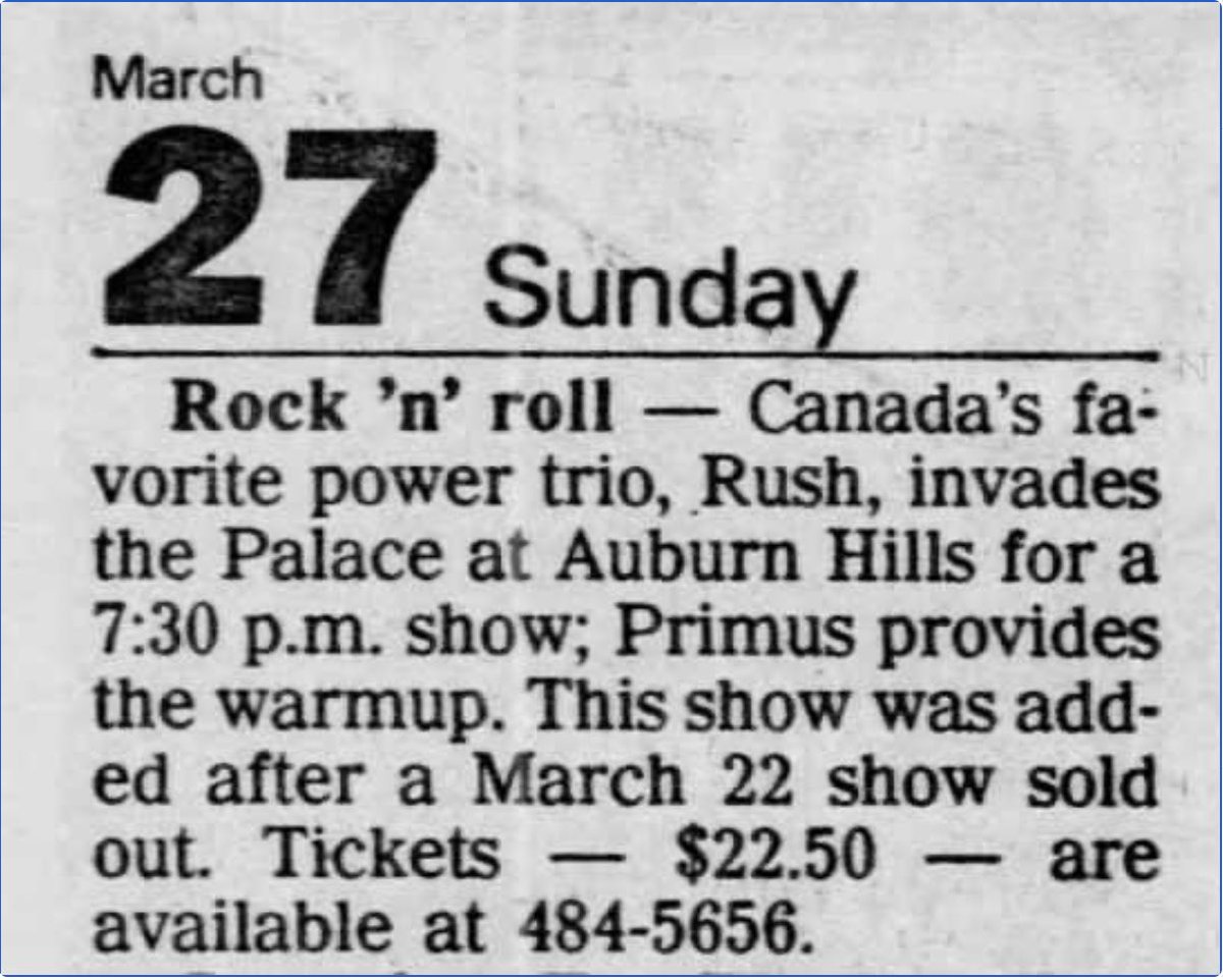 After selling out the Palace on the 22nd March, #Rush would return to the Palace in Auburn Hills on this day in 1994 with Primus opening for them. 📷 rushhistory2112 (via Instagram) #RushFamily #RushHasAssumedControl