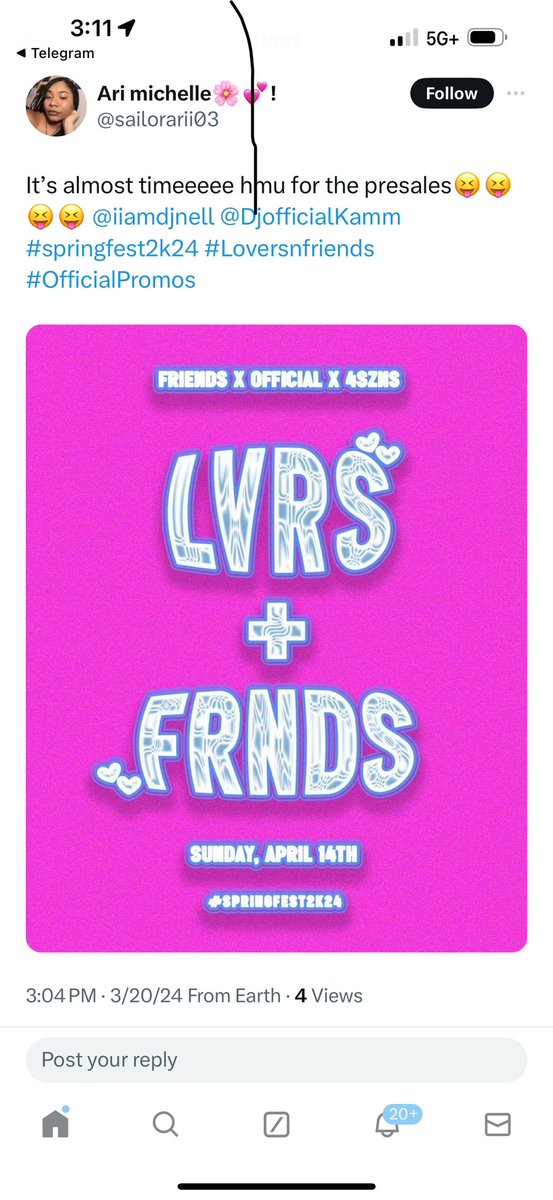 KaylaWheaton's tweet photo. LoversNFriends coming soon April
14th bookies be there or hear about it Presales almost sold out XX @iiamdjnell@DjofficialKamm #officialpromos|*
#officialAmerica https://t.co/w6Twr6q4zB