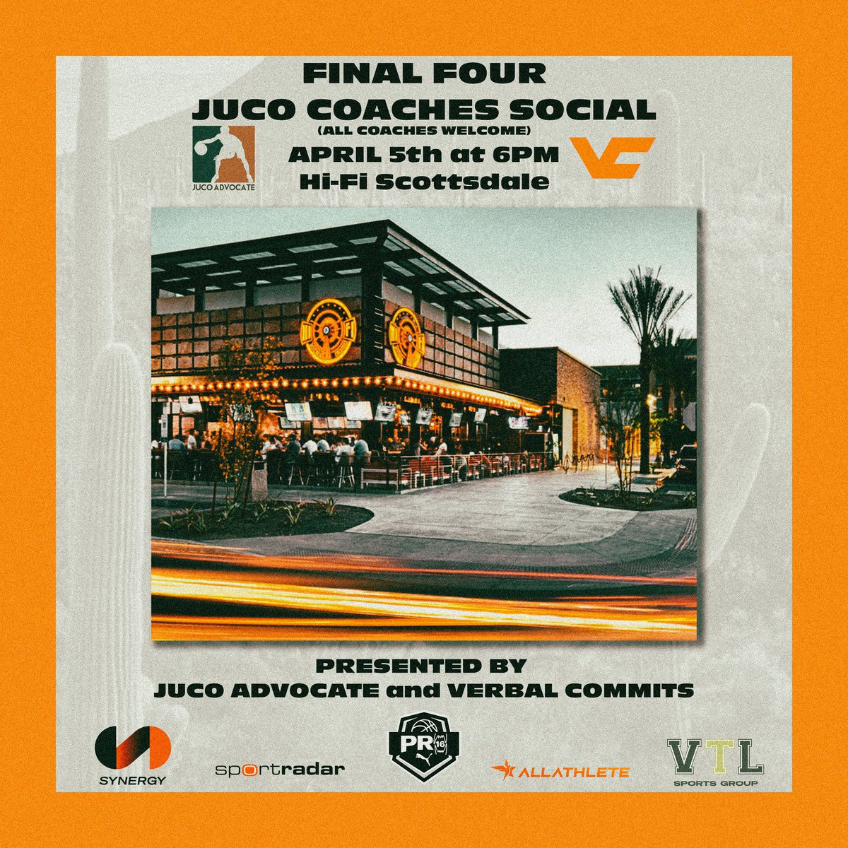 THE JUCO COACHES SOCIAL IS BACK BABY!!! April 5th at 6PM Hifi Kitchen and Cocktails 4420 N Saddlebag Trail, Scottsdale, AZ ALL COACHES OF ALL LEVELS WELCOME!!! Shoutout to our sponsors @SynergySST @Sportradar @PRO16League @AllAthleteInc @vtlsports