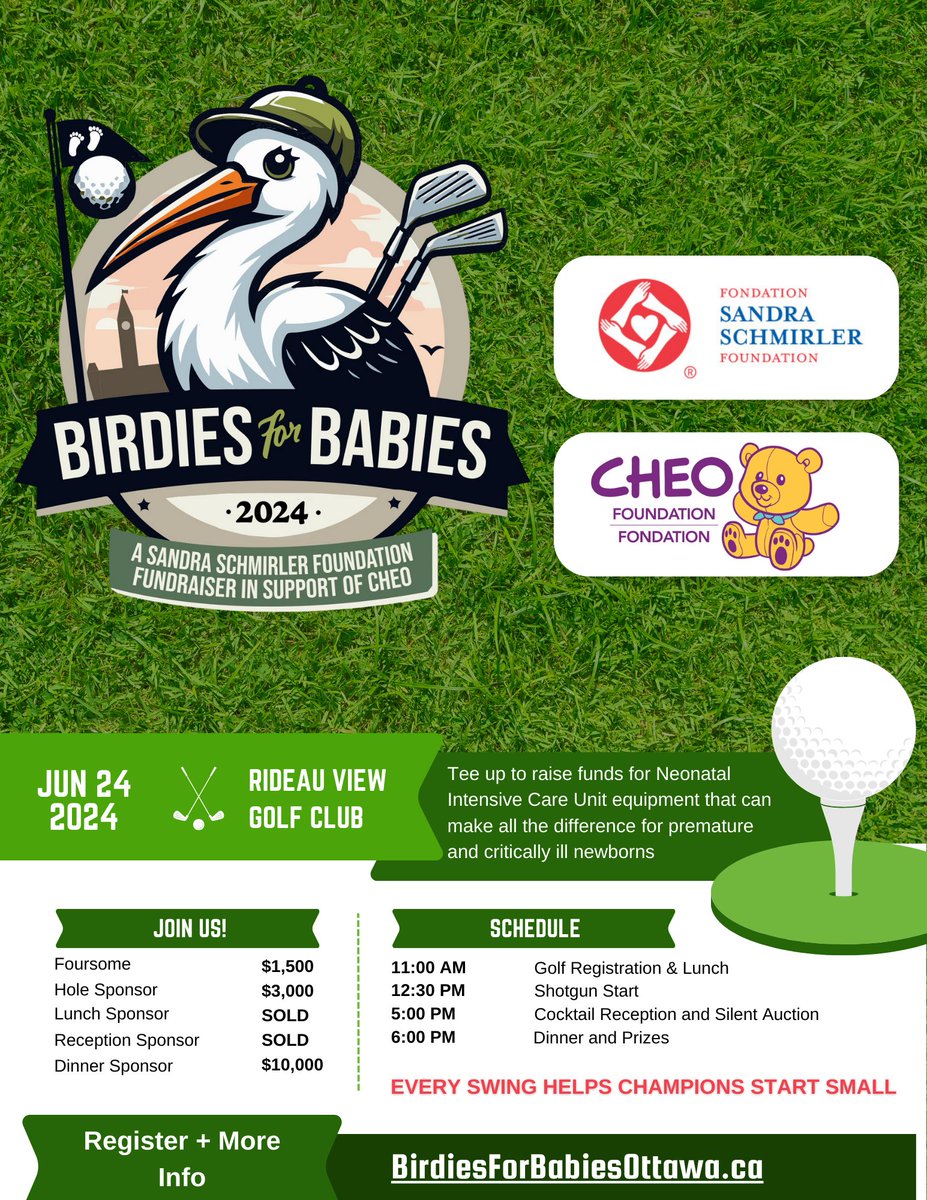 Join us for the inaugural Birdies for Babies Charity Golf Tournament Jun 24th at @RideauViewGolf to raise funds for @SandraSchmirler and @CHEO! Register your foursome or become a sponsor today! Let's tee off to help #ChampionsStartSmall! 🏌️‍♂️👶birdiesforbabiesottawa.ca