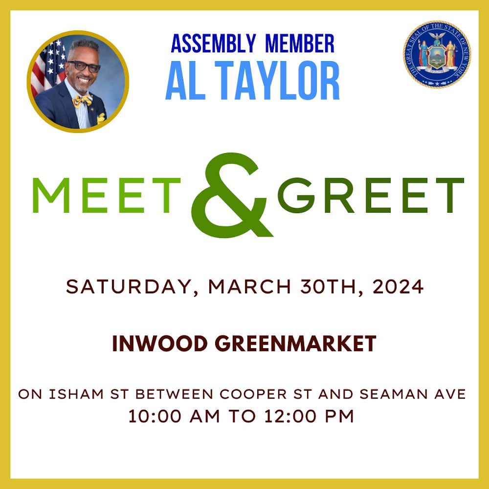 Join me for my Inwood Meet and Greet! Come by for a chance to chat one-on-one, voice your concerns, and engage in meaningful conversation. I look forward to seeing you all there!