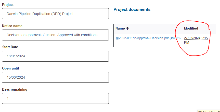 Oh look, <a href="/tanya_plibersek/">Tanya Plibersek</a>'s dpt just approved the Santos Barossa pipeline out to 2056.

Published at 5:15pm just before parliament break and Easter holidays. <a href="/TheAusInstitute/">Australia Institute</a> 

epbcpublicportal.awe.gov.au/all-notices/pr…