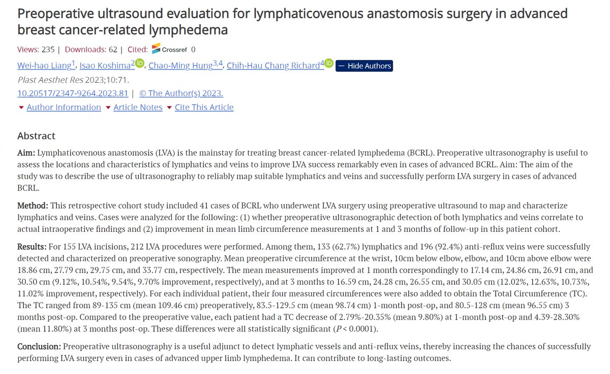 #PARGlobalOpen proudly presents an excellent Original Article by Prof. Isao Koshima's team 👇👇 #Lymphedema #BreastCancer The aim of the study was to describe the use of ultrasonography to reliably ... Read the 3 articles on this topic for FREE today! oaepublish.com/specials/par.1…