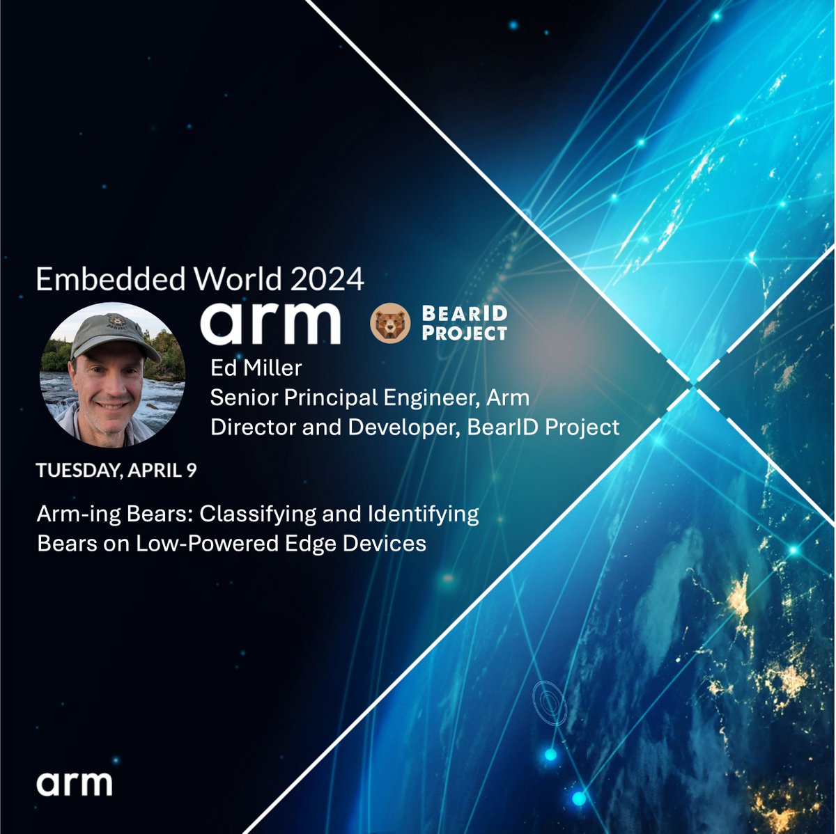 I’m heading to #EmbeddedWorld 2024 and hosting a Lightning Talk with <a href="/Arm/">Arm</a> ! Join me on April 9 for "Arm-ing Bears: Classifying and Identifying Bears on Low-Powered Edge Devices" in  the Arm booth, Hall 4, Stand 504. See you there! More info: arm.com/company/events… #ew24