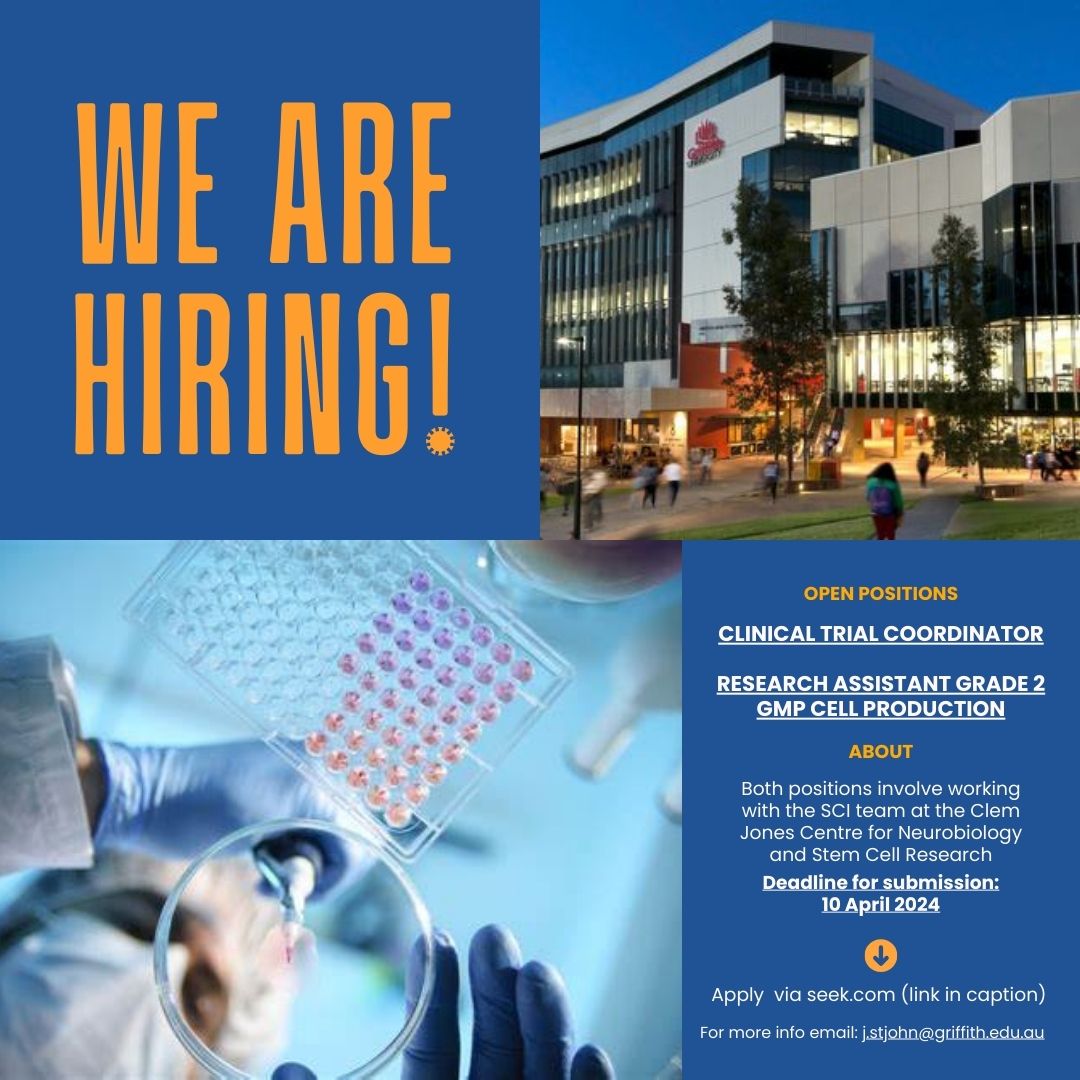 WE ARE HIRING!  Apply now for the Clinical Trial Coordinator or Research Assistant Grade 2 (GMP Cell production) positions within the Spinal Injury Project team! 🔴seek.com.au/job/74761446?t… 🟢seek.com.au/job/74764541