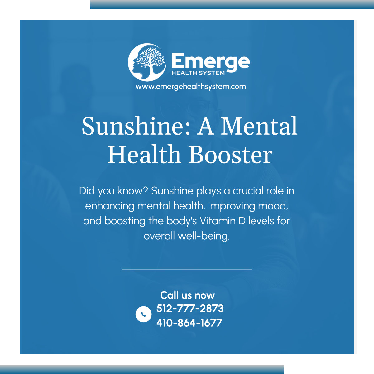 EmergeSystem's tweet photo. Sunshine is nature's antidepressant, promoting Vitamin D production and enhancing your mood. Regular exposure to it can also improve your sleeping patterns and significantly uplift your mood. Follow us for more health insights.

#DidYouKnow #SunshineBenefits #AMentalHealthBooster https://t.co/Pf7zilFtPG