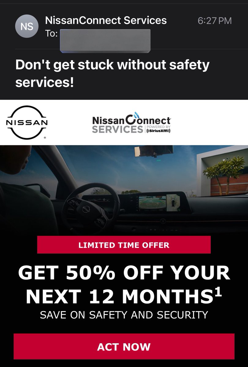 Hey, @NissanUSA? This is pretty extortiony and does not reflect well on your brand. “Thanks for buying this $62,000 vehicle with awesome safety features… which we will terminate immediately unless you agree to pay us monthly. It would be a shame if we had to turn them off.”