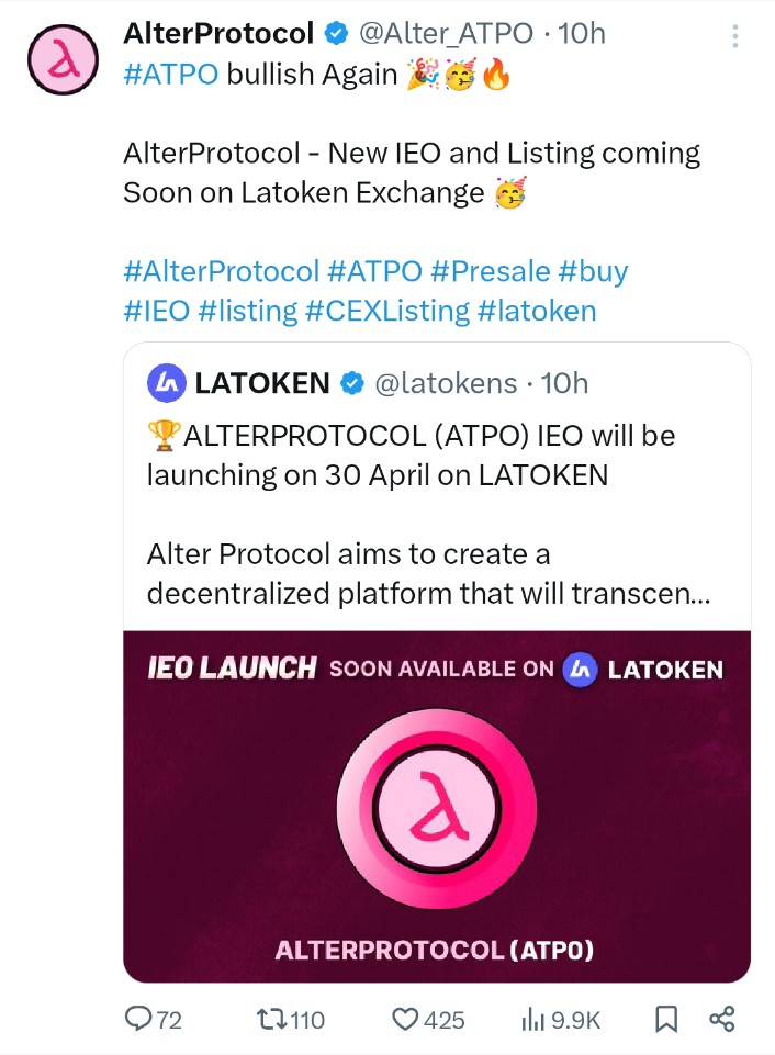 Haricryptocoin's tweet photo. Alter Protocol Listing Coming Soon On Latoken Exchange Free Mining kiya unke Liye Big Good News #ATPO #haricryptocoinxyz #Crypto #CryptoNews https://t.co/LTxsttUWn4