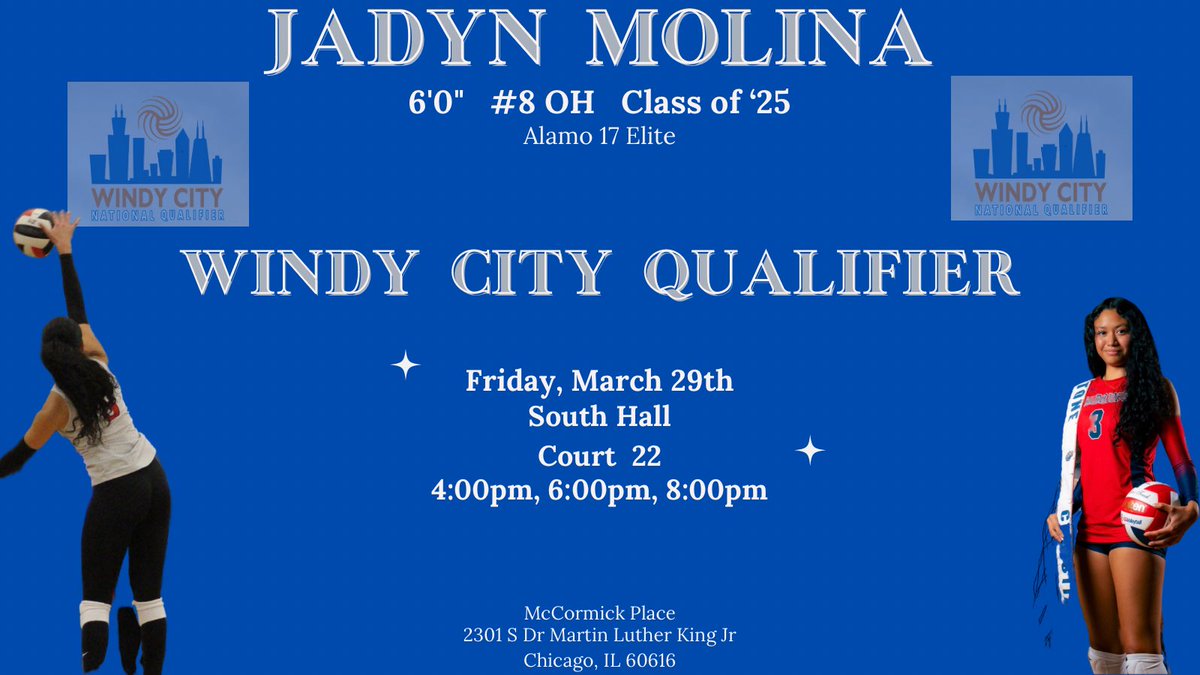 Jadyn Molina (@jadynlmolina) on Twitter photo Looking forward to playing in Chicago at the Windy City Qualifier!🏐
Come watch my team and I on court 22 this Friday
<a href="/nxt1sports/">NXT 1</a> <a href="/usavolleyball/">USA Volleyball</a> <a href="/PrepDig/">Prep Dig 🏐</a> <a href="/GMsportsmedia1/">GM Sports Media</a> <a href="/TopPreps/">College Coach / College Scout / College Recruiter</a> <a href="/BigDMedia19/">BigDMedia</a> <a href="/vbconnection/">Volleyball Connection</a> @RealVolleyMom <a href="/volleyengine/">Volley Engine</a> <a href="/texasvbi/">Texas Volleyball Insiders</a> Looking forward to playing in Chicago at the Windy City Qualifier!🏐
Come watch my team and I on court 22 this Friday
<a href="/nxt1sports/">NXT 1</a> <a href="/usavolleyball/">USA Volleyball</a> <a href="/PrepDig/">Prep Dig 🏐</a> <a href="/GMsportsmedia1/">GM Sports Media</a> <a href="/TopPreps/">College Coach / College Scout / College Recruiter</a> <a href="/BigDMedia19/">BigDMedia</a> <a href="/vbconnection/">Volleyball Connection</a> @RealVolleyMom <a href="/volleyengine/">Volley Engine</a> <a href="/texasvbi/">Texas Volleyball Insiders</a>