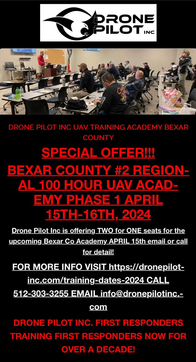 DPI 2-4-1 SPECIAL OFFER FOR THE UP COMING BEXAR COUNTY UAV ACADEMY IN APRIL!!!! Call or email for details 512-303-3255 / info@dronepilotinc.com