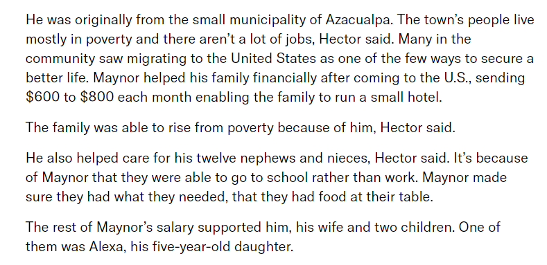 ReichlinMelnick's tweet image. This is one of THE reasons why people voluntarily migrate; because one person can lift an entire family out of extreme poverty. By coming here, his family in Honduras could run a small business and his 12 nieces and nephews could go to school instead of work.

QEPD Maynor.
