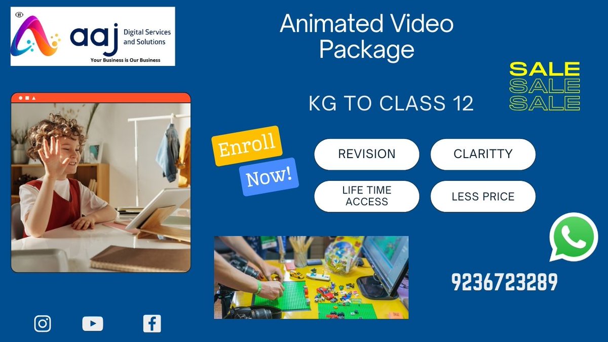 Make Super Kids!
Give them the ANIMATED VIDEOS PACKAGE by *Aaj Digitalss* 
👨‍🏫 Effective teaching.
🎥 Smart class companion.
🏫 Kg -12 class practical subject.
📸 High quality videos.
⌛One time purchase life time access 🔖WhatsApp to  9236723289