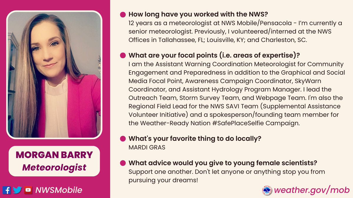 🟣 We continue to round out #WomensHistoryMonth   by highlighting some of the amazing women who work at NWS Mobile/Pensacola.

🤩 Today we are spotlighting one of our Senior Meteorologists - Morgan Barry! #WomenInSTEM #WomenOfNOAA