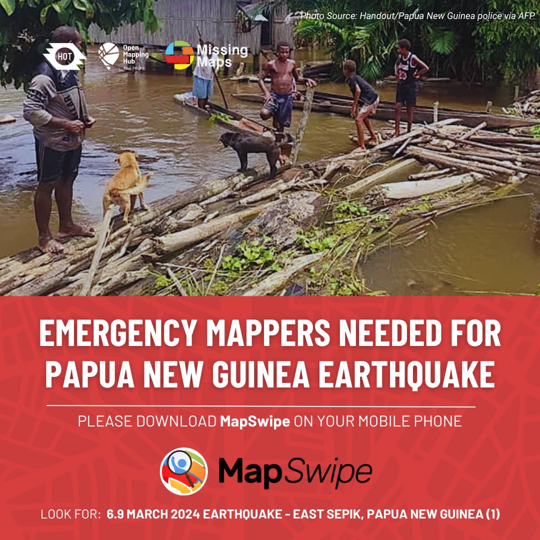 A magnitude 6.9 earthquake struck flood-ravaged East Sepik region, Papua New Guinea on March 24, 2024. Please contribute to this project to locate buildings and settlements via #MapSwipe in the affected region for urgent mapping, and support response and recovery efforts.