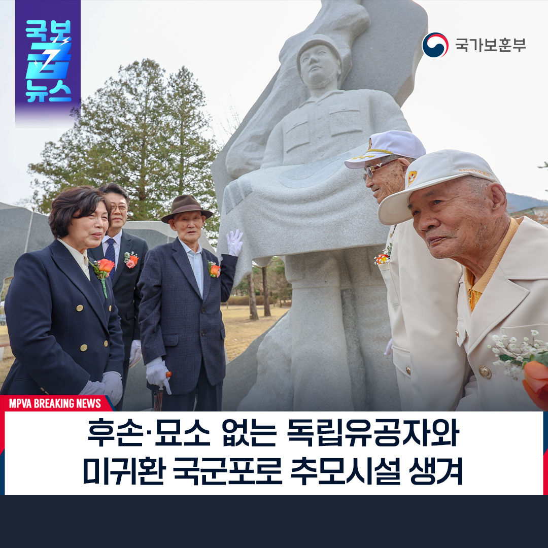독립의 염원과 영웅의 귀환을 바라는 두 개의 길

후손 및 묘소가 없는 독립유공자 7,000여명을 위한 추모명비와 6·25전쟁 참전 중 포로로 잡혔으나 돌아오지 못한 참전용사의 귀환을 바라는 추모시설이 국립대전현충원에 만들어졌습니다.

자세히 알아보기▶️url.kr/vk6z7e

#국가보훈부