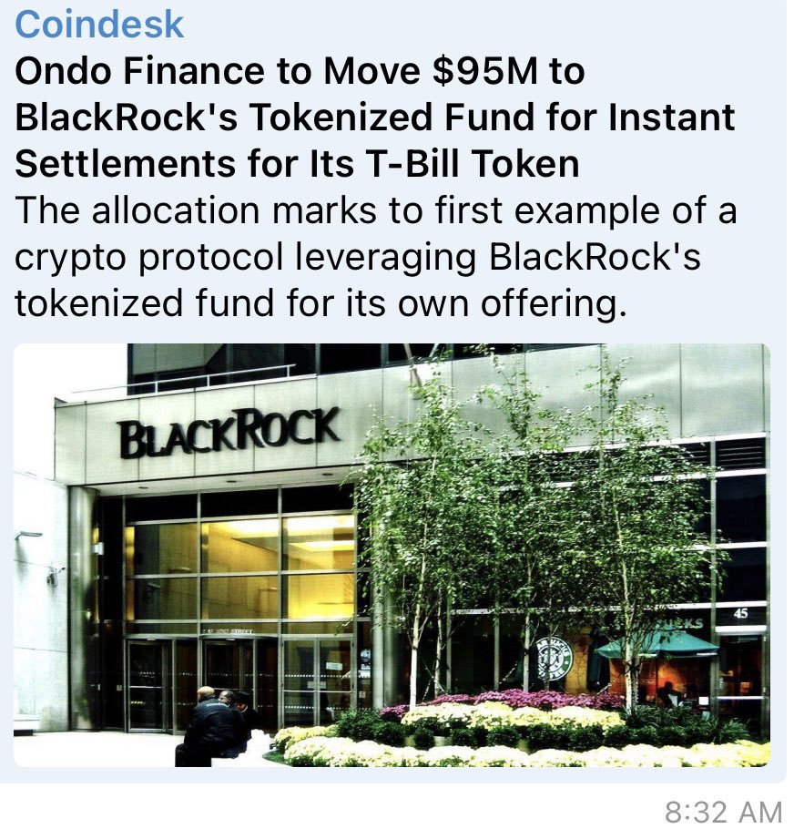 The money markets supply chain is starting to form onchain. Off-chain: T-bills >>Tokenisation: Blackrock’s BUIDL for institutions, whitelisted + high MOQ>>Wrappers: @OndoFinance for retail, lower-to-no MOQ This is why Blackrock’s push into RWA is a bigger deal than we think